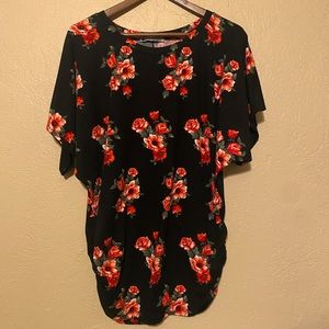 Black stretchy shirt with red/pink floral print, Urban Cleo
